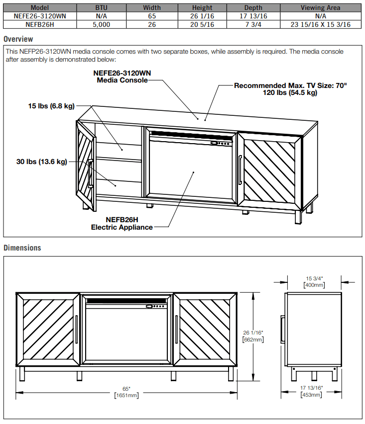 Napoleon The Bella Electric Fireplace Media Console Package NEFP26-3120WN