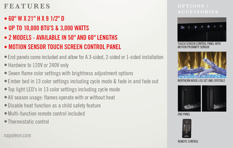 Napoleon TRIVISTA Primis 60" Three-Sided Built-In Electric Fireplace NEFB60H-3SV Canada